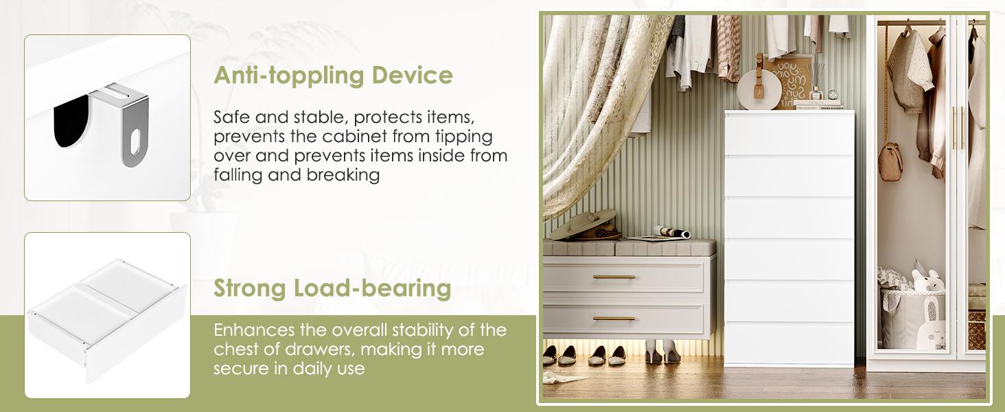 White Dresser, 6 Drawer Dresser, Modern Tall Floor Storage Cabinet with Metal Sliding Rail, Wooden Handleless Drawer Cabinet, 6-Layer Large Capacity Vertical Dressers for Home & Office White Dresser, 6 Drawer Dresser, Modern Tall Floor Storage Cabinet with Metal Sliding Rail, Wooden Handleless Drawer Cabinet, 6-Layer Large Capacity Vertical Dressers for Home & Office