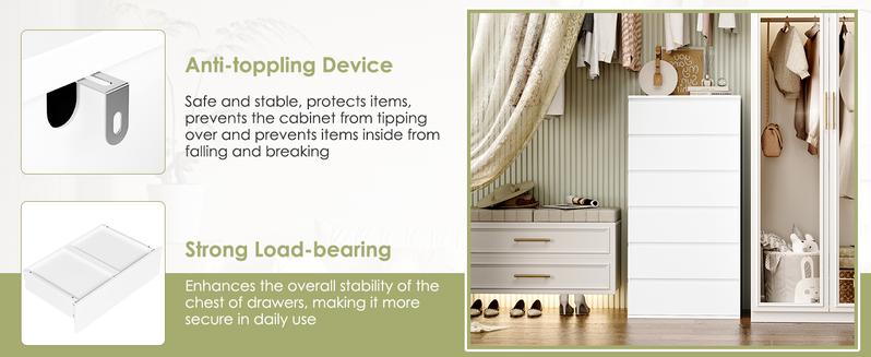 White Dresser, 6 Drawer Dresser, Modern Tall Floor Storage Cabinet with Metal Sliding Rail, Wooden Handleless Drawer Cabinet, 6-Layer Large Capacity Vertical Dressers for Home & Office