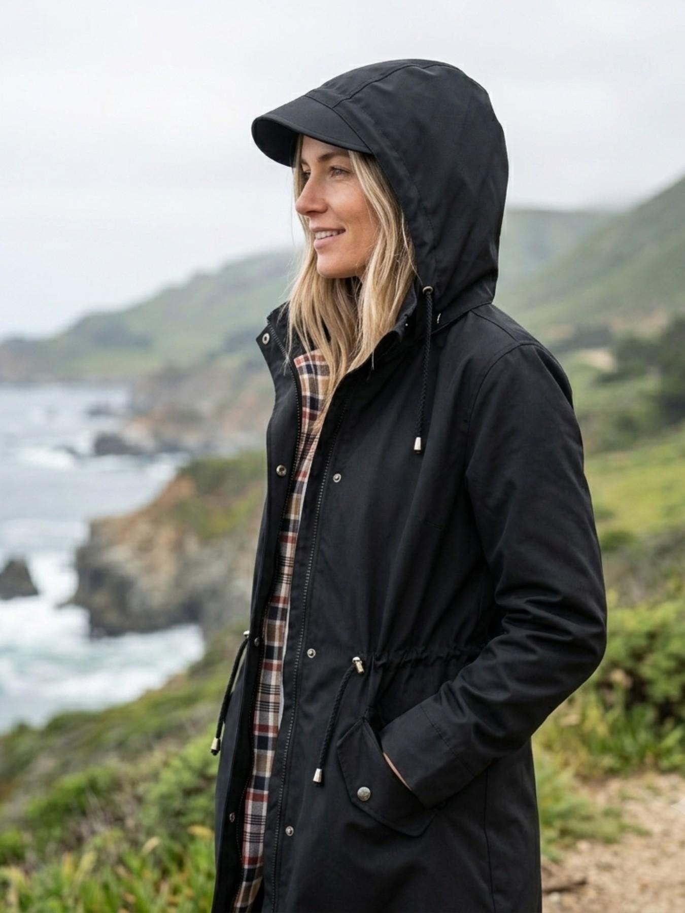 Women's Solid Color Drawstring Zip Up Hooded Trench Coat Raincoat, Casual Long Sleeve Waterproof Windproof Breathable Outerwear for Spring & Fall, Ladies Clothes for Daily Wear