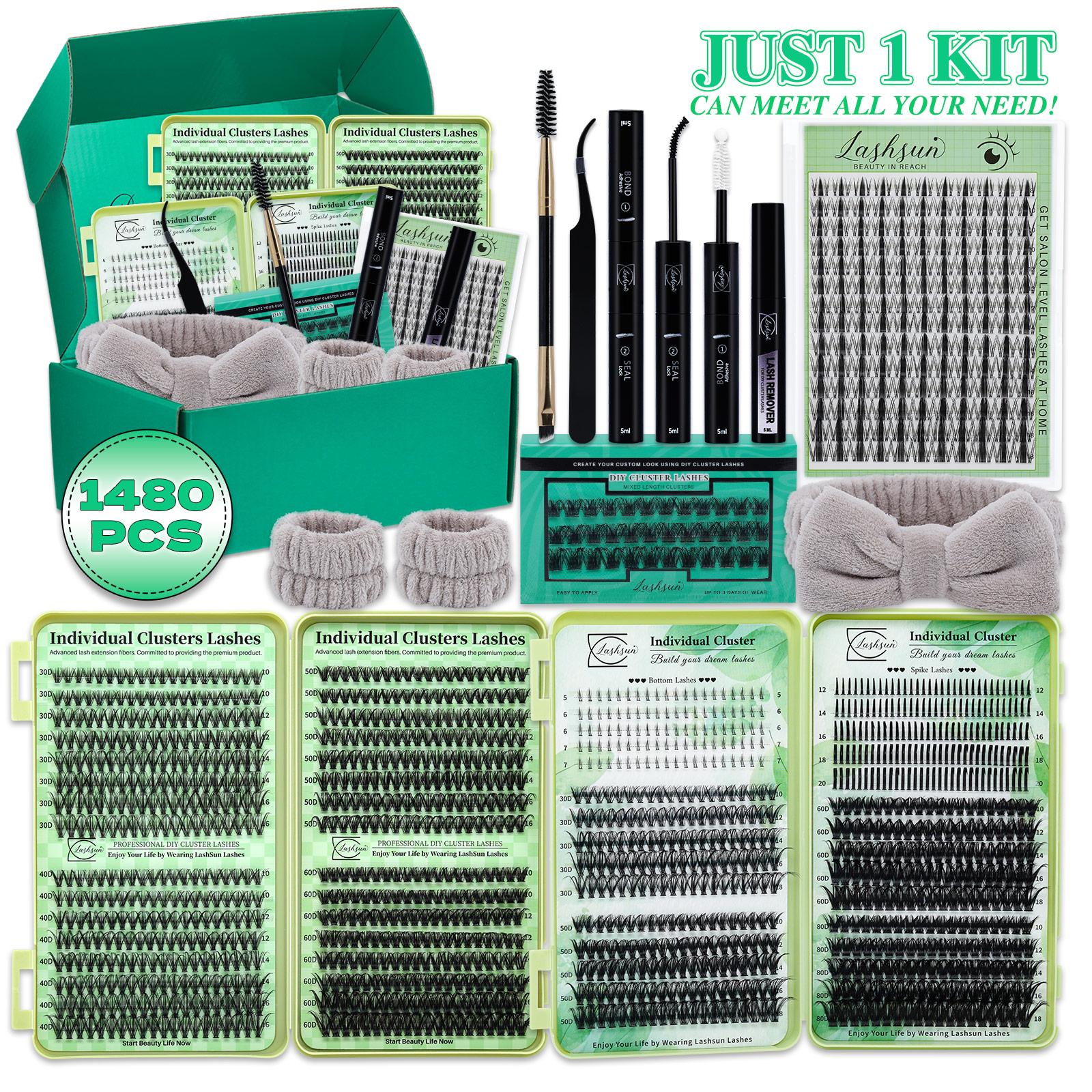 1480PCS/650PCS/640PCS Lash Clusters Kit D Curl 9 Styles Bottom/Spikes/Natural/Anime Lashes Kit with Bond&Seal Lash Remover Brush Lash Applicator Headband Wristband set, Individual Eyelash Kit, DIY Eyelash Kit, Lash Extensions Kit, For Beginners&Proficient