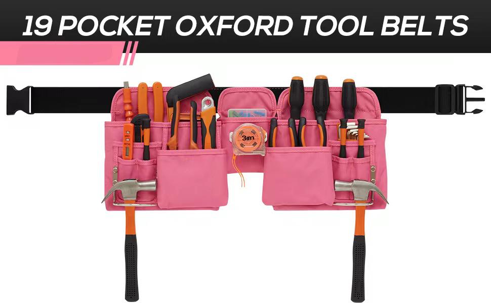 19 Pocket Tool Belts - Gardening Belt with Quick Release Buckle,Adjustable Utility Belt,Work Apron for Men and Women,for Gardening,Electrician,Carpenter,Construction Tool Belt,Gifts (Pink)