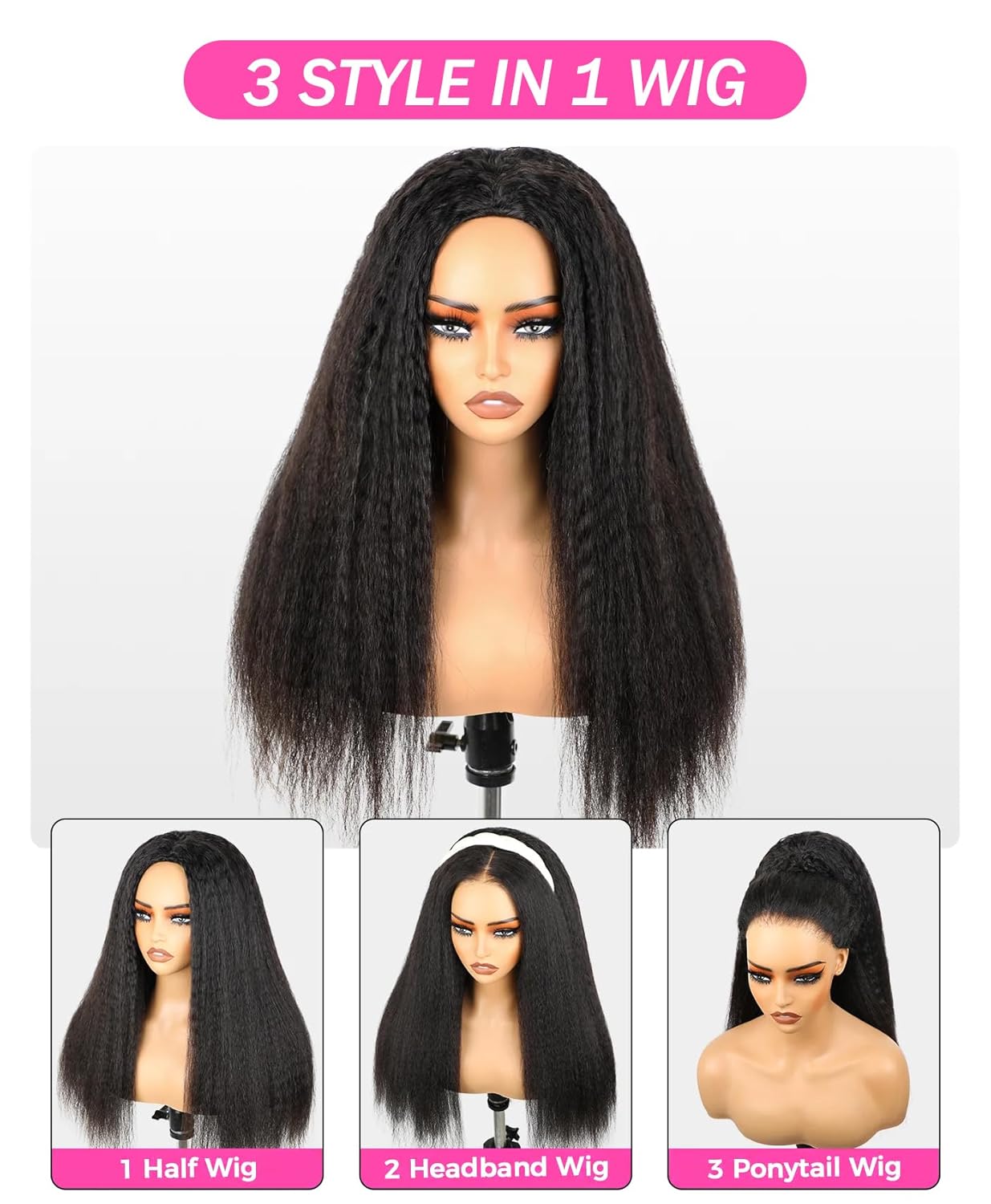 Bling Hair 3 In 1 Half Wig Human Hair With Drawstring Kinky Straight Half Wig Ready To Go Comfortable Fit No Glue Needed Natural Hairline