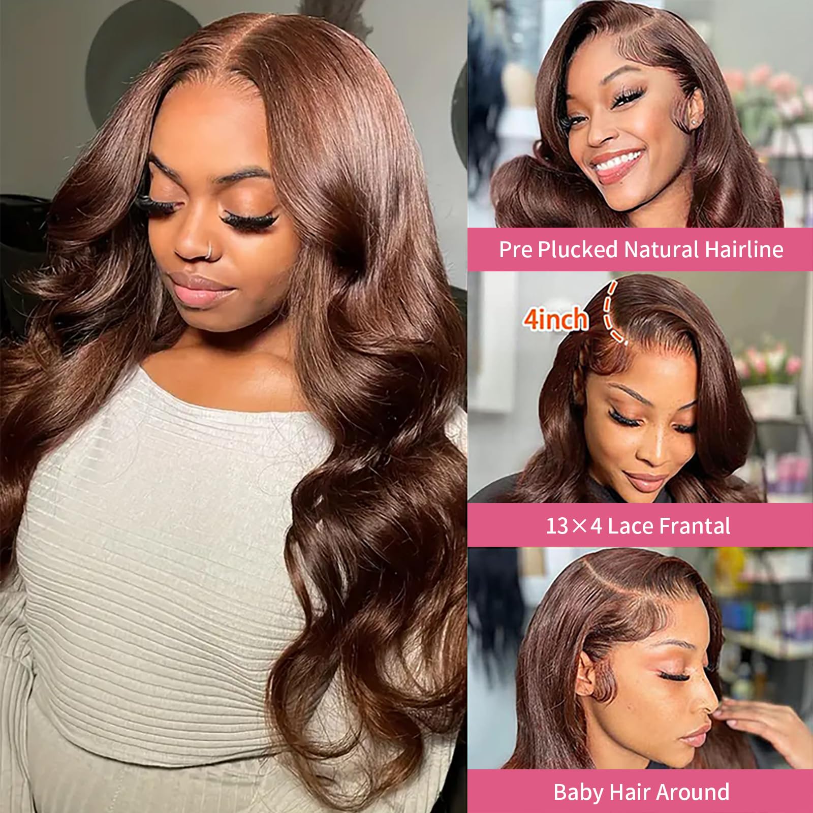 Bling Hair Chocolate Brown 13x6 Brazilian Body Wave/Straight Lace Front Human Hair Wigs 4# Colored Pre Pucked HD Lace Frontal Wigs 7x5 Glueless Wigs For Women