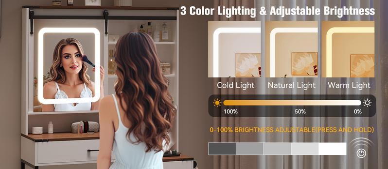 【Valentine's Day gift】Makeup Vanity Desk with Mirror & Lights | 4 Drawers & 3 Storage Shelves | Adjustable Tri-Color LED Light, Charging Station & Hair Dryer Stand Modern Furniture