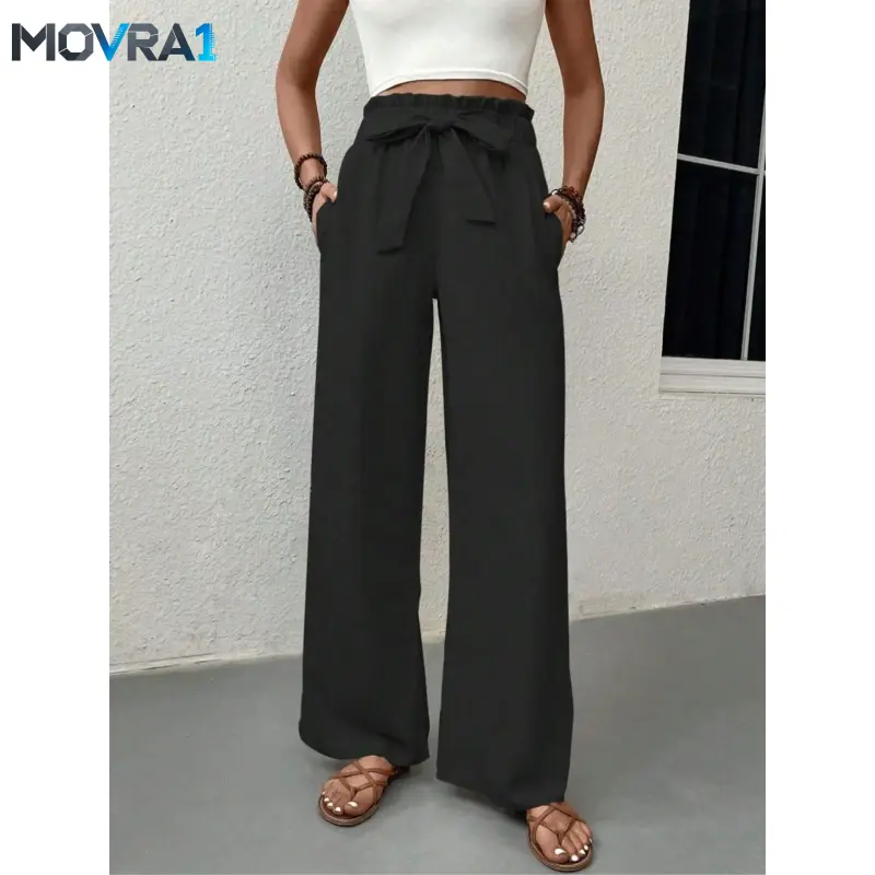 MOVRA1 Women's Plain Pocket Adjustable Tie Front Straight Leg Pants, Chic Elegant Waist Paper Bag Waist Trousers Casual Business Pants Work Office Business, Ladies Bottoms Womenswear All Seasons Fit