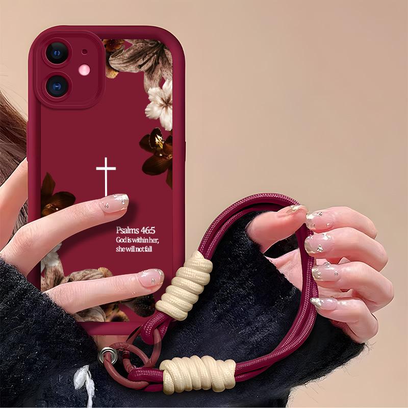 Vintage Floral Aesthetics Lanyard Phone Shell Christian Psalms 46:5 Cross for 【iPhone 12】  Matte Finish Anti Drop Bumper Religious Birthday Gift For Her 666