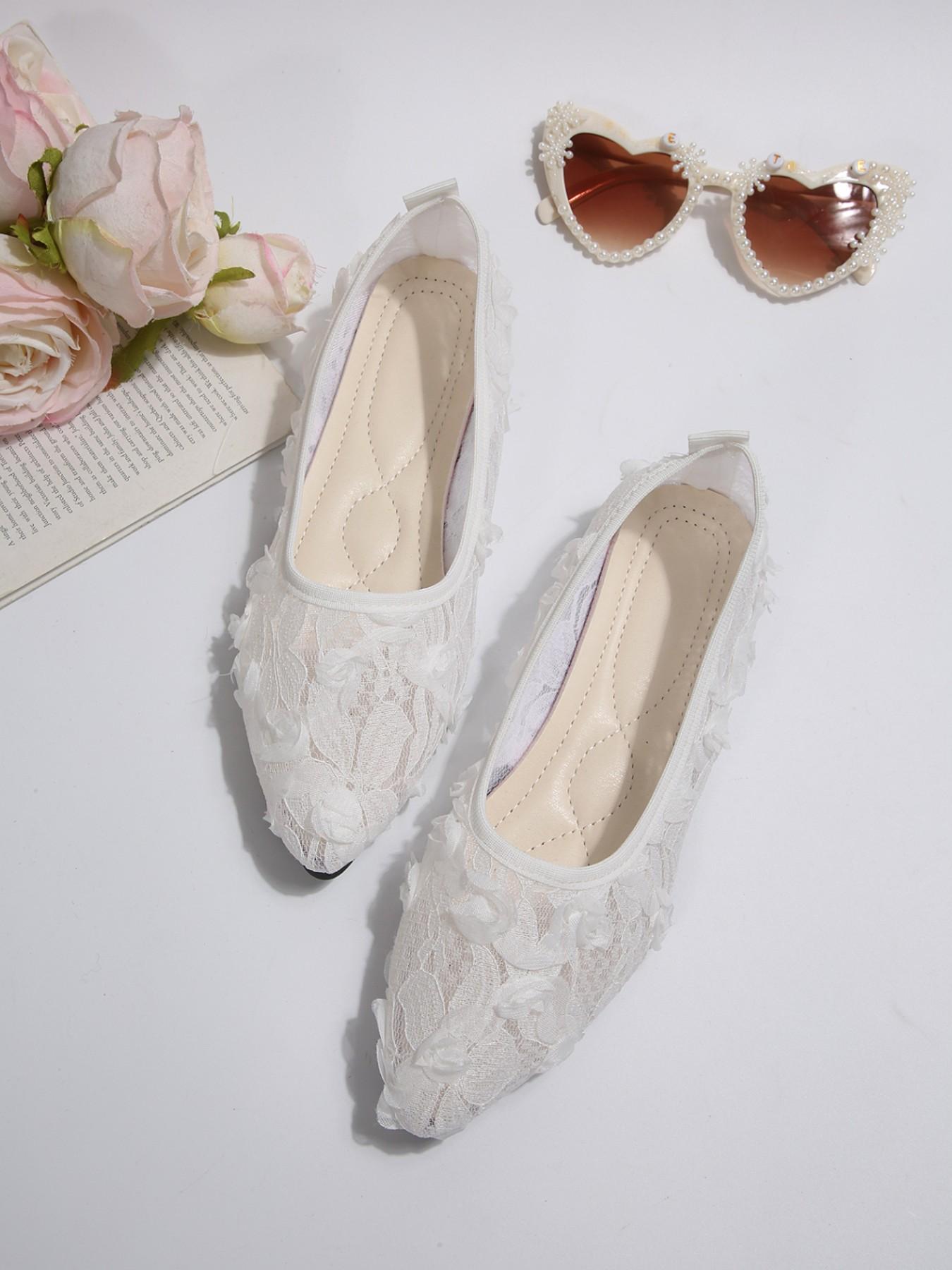 Women's Breathable Sheer Lace 3D Floral Rose Applique Pointed Toe Slip On Flat Ballet Flats Non Slip Cloud Cushioned Arch Support All Day Walking Wedding Bridal Date Vacation Casual Footwear Off White Pure White Pink Black Four Romantic Soft Tones