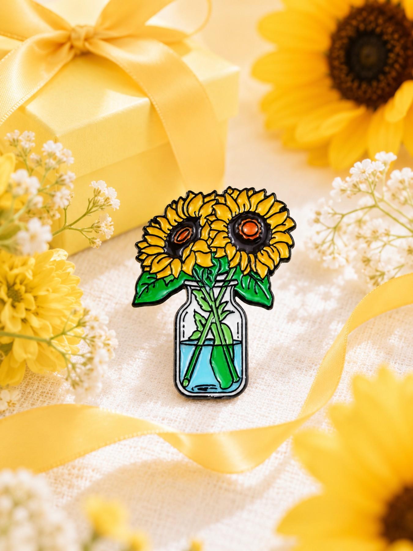 Floral Sunflower Jar, Enamel Pin Brooch, Collectible Pins, Durable Alloy Hard Enamel, For Women Garden Lovers Pin Fans Collectors, For Tote Bags Denim Jackets Lapels, Cheerful Aesthetic Style, Charming Gift for Best Friends Sisters Coworkers
