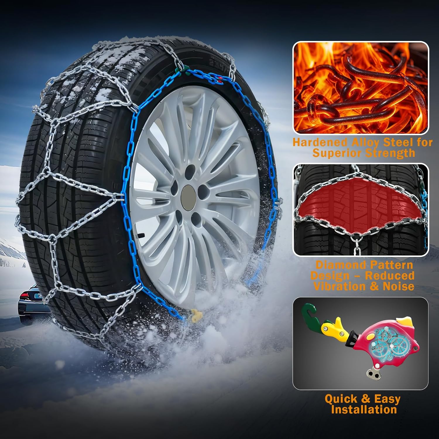 Heavy Duty AutoFixing Snow Chains Tire Chains for Light , SUV & Pickup, Self-Tightening Design for Easy Installation, Titanium Alloy for  Durability,Set of 2(HRV-245,Auto-Trac)