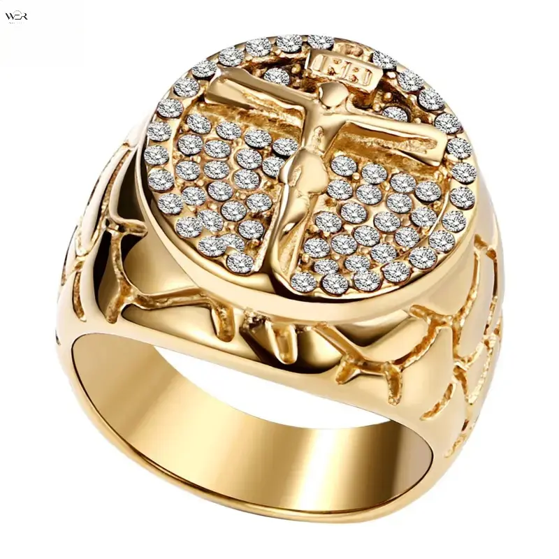 Men's Iced Out Jesus Cross Ring, Gold Tone Stainless Steel Ring with Rhinestones, Hip Hop Religious Statement Ring, Sizes 9-12