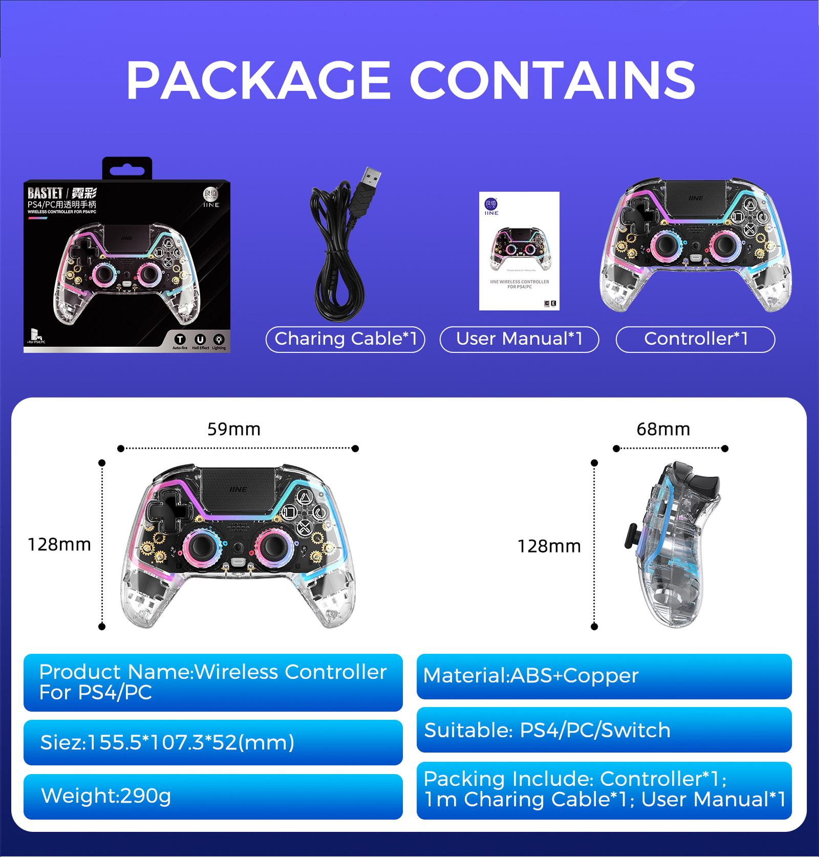 IINE Bastet Wireless Transparent Controller for PS4/Switch/PC/Android/iOs with Touchpad Hall Effect Trgger Hall Joystick Headphone Jack Macro & Turbo 6-Axis Gyro Sensor
