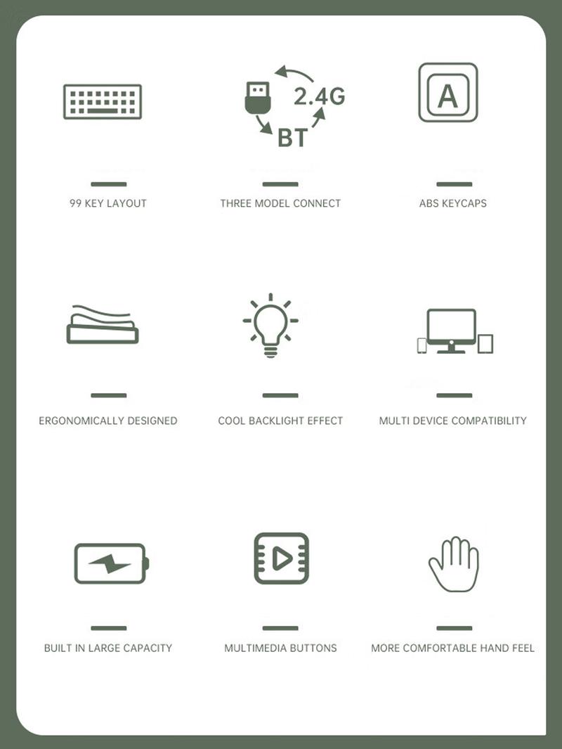 AULA F3099 three-mode, Rechargeable keyboard, 99-key layout, RGB lighting effects, color matching keycaps, ergonomic design, large-capacity battery, light-tone keys suitable for office use, multi-device compatible, plug-and-play, available for computer