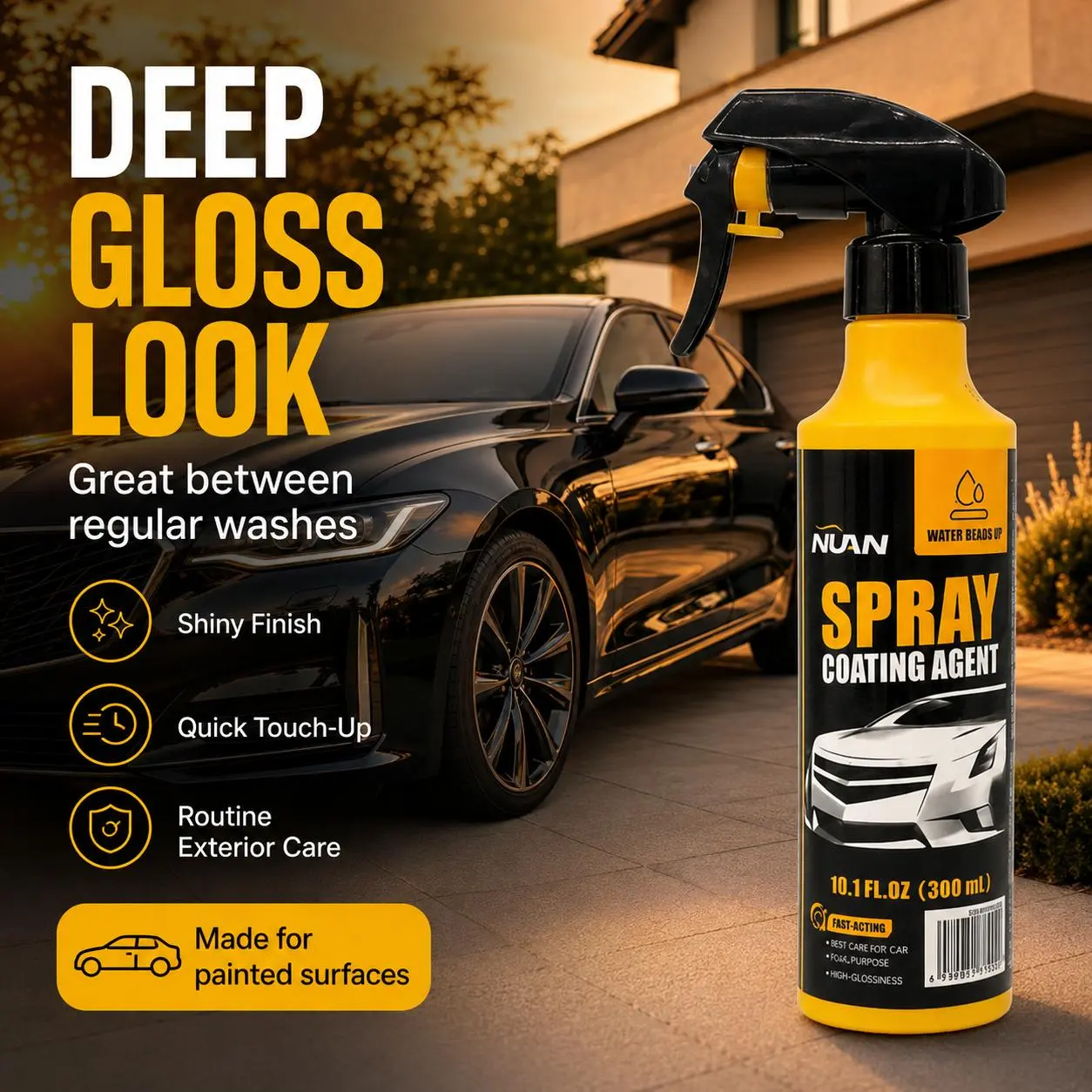 NUAN Ceramic Coating Spray for Cars – SiO2 Car Paint Coating, 3-in-1 Waterless Wash & Wax, Hydrophobic Paint Protection, High Gloss Shine, Water Beading Spray, Wax Polish Spray, pH Neutral Car Wash, Headlight Coating, Ceramic Coating Kit