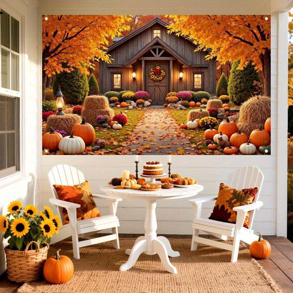 2D Flat, 1pc Welcome Autumn Banner- Cozy Farmhouse Design with Wooden Details& Flower Accents, Perfect for Thanksgiving& Harvest Celebrations, 59x94.4 Inches, Polyester Material, Fall Decorations