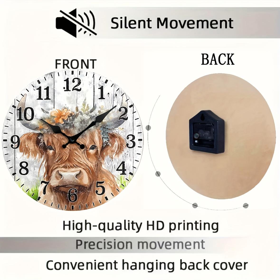 Vintage Flowers Scottish Highland Cow Wall Clock with Floral Pattern - Silent Non-Ticking Wooden Digital Clock, Creative Decorative Clock, for home decor, Rustic Home Gift (AA Batteries Not Included), Large Digital Display
