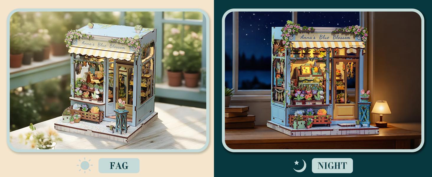 CUTEBEE Anna's Blue Blossom DIY LED Book Nook Wooden Miniature Bookcase with Dust Cover Perfect Gift for Black Friday & Christmas