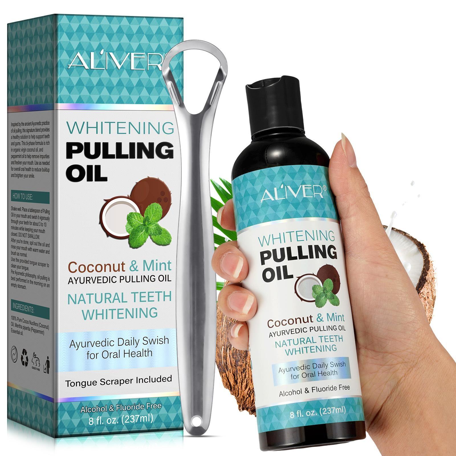 ALIVER 3-Piece Coconut Oil & Mint Mouthwash Set, including 237ml of Coconut Oil & Mint Mouthwash + 1 tongue scraper + 1 measuring cup. With a refreshing coconut oil and mint scent, it freshens breath, eliminates bad breath, and cleans teeth.