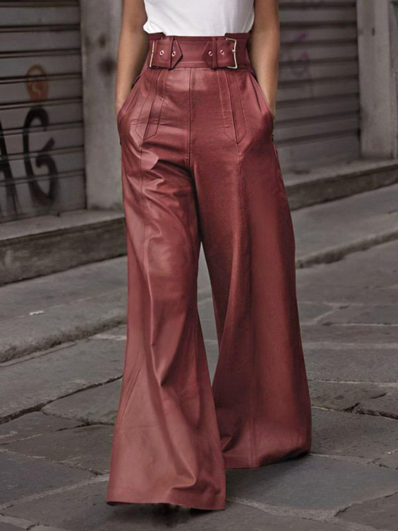 Women's Solid Color Pocket High Waist Wide Leg PU Leather Pants, Fashion Casual Trousers for Daily Outdoor Wear, Ladies Bottoms for All Seasons