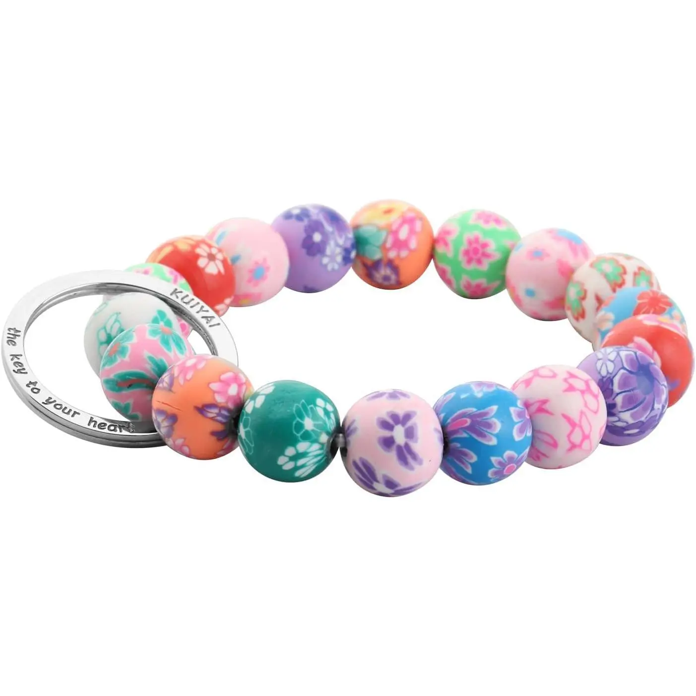 Elastic Beaded Wristlet Keychain with Polymer Clay Flower Beads, Hands-Free Key Ring Bracelet for Women, Stylish Gift Idea