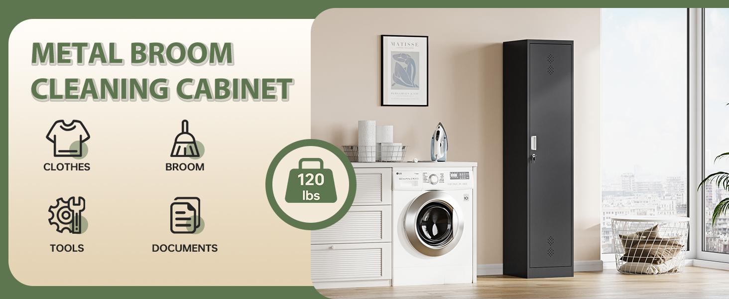 Letaya Broom Closet Storage Cabinet,Metal Cleaning Supply Tool Cabinet,Utility Cabinets for Brooms & Mops Black Garage Organization Cabinet for Laundry Room, Bathroom