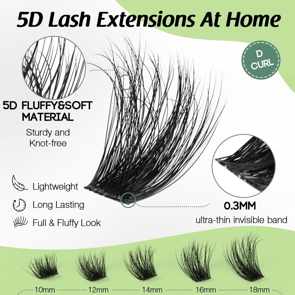 YOULUCK 5D Lash Clusters Individual Extensions Layered Fluffy Waterproof Windproof Long Lasting Ultra Thin Band Makeup for Girls Beginner Friendly Wispy Volume Set Lightweight Comfortable