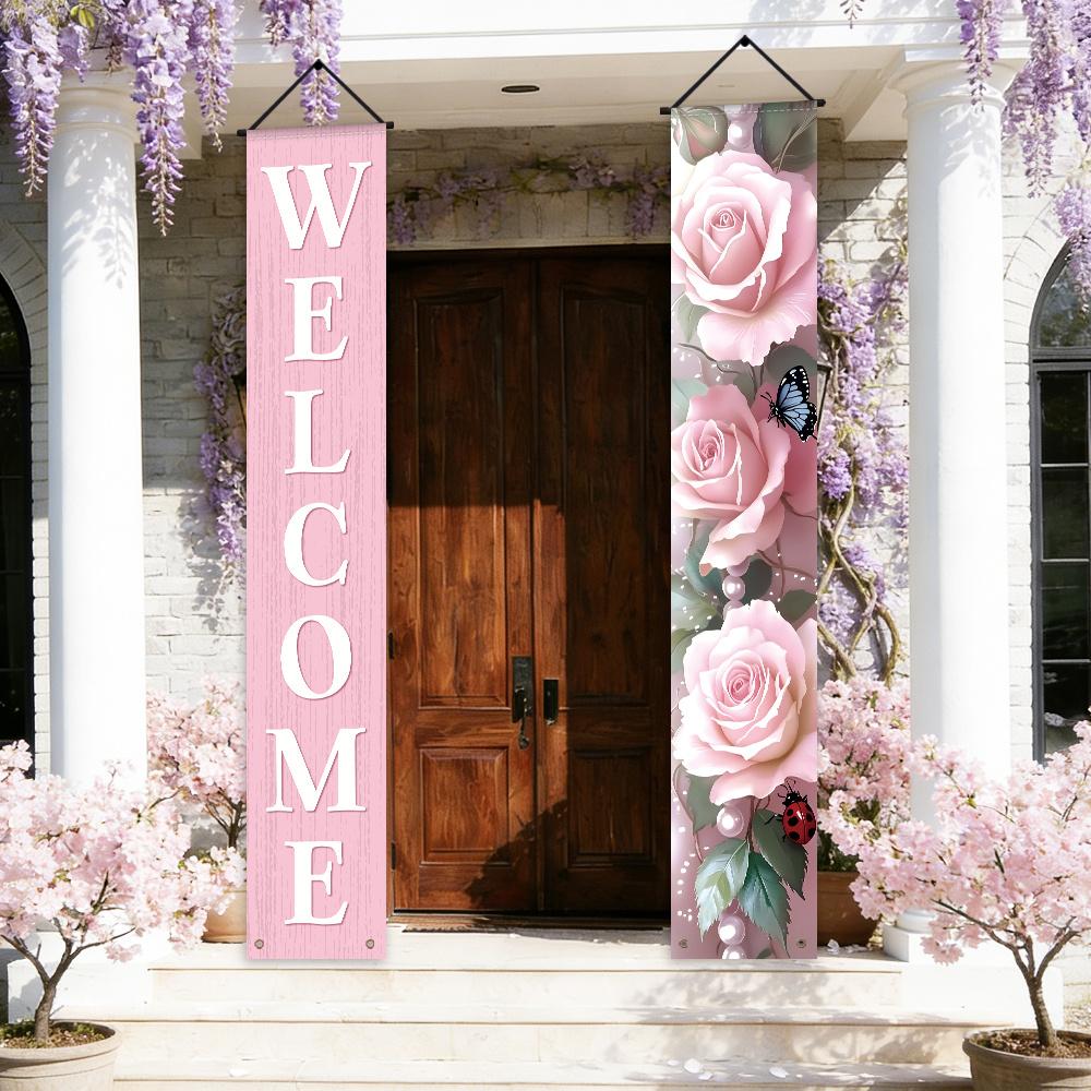 1 Pair 2D Flat Banners, Yard Sign Banner, Spring-Themed Front Door Porch Sign Party Banners with "WELCOME" Lettering, Pink Rose Design, Polyester, Suitable for Spring Parties, Home, Indoor/Outdoor Celebrations, Hanging Decorations