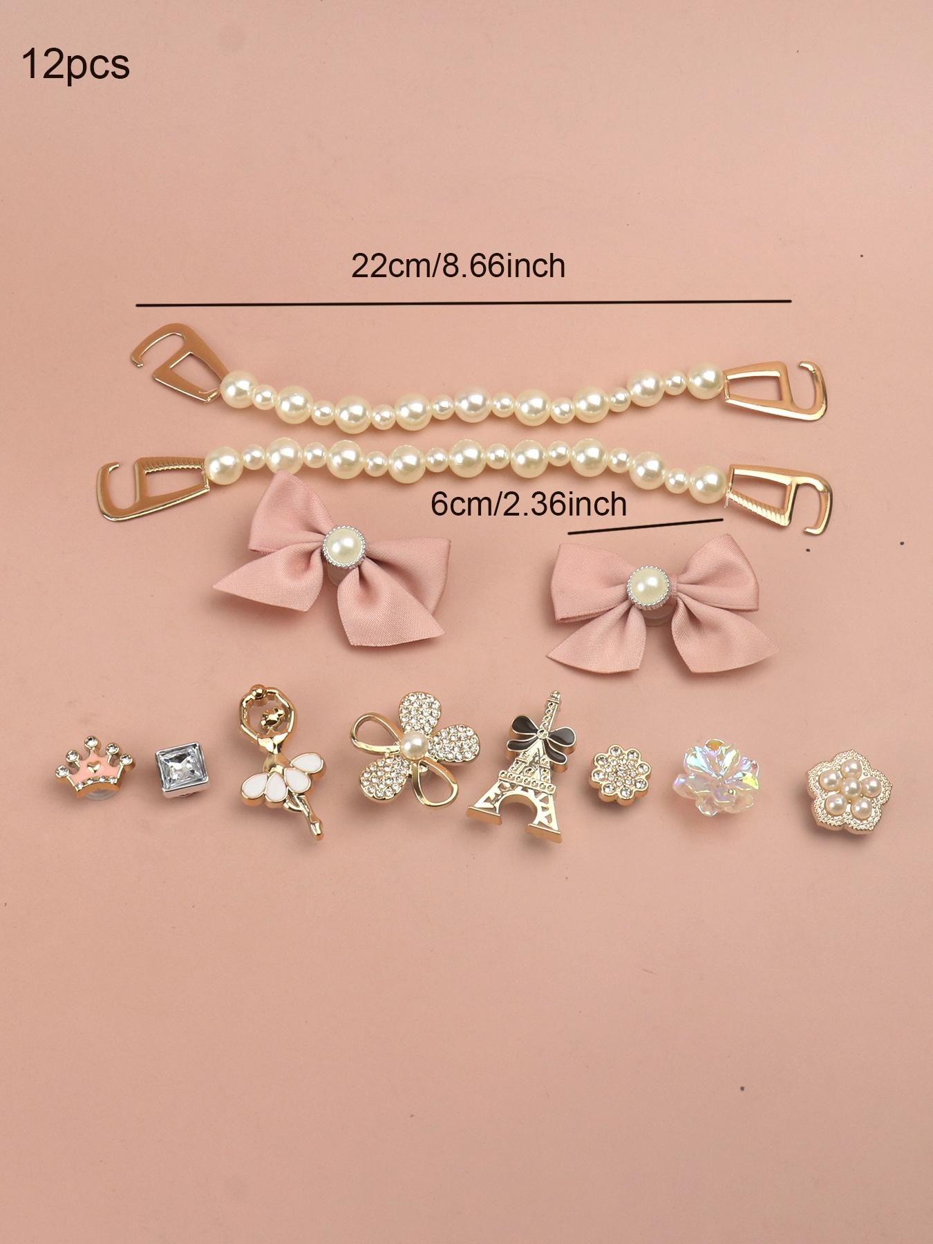 Cute Bowknot & Flower Design Faux Pearl Decor Clogs Charms, 12pcs/set Tower & Crown Design Shoes Charms, Shoes Accessories for Clogs DIY for Women & Girls, Rhinestone Shoe Decoration