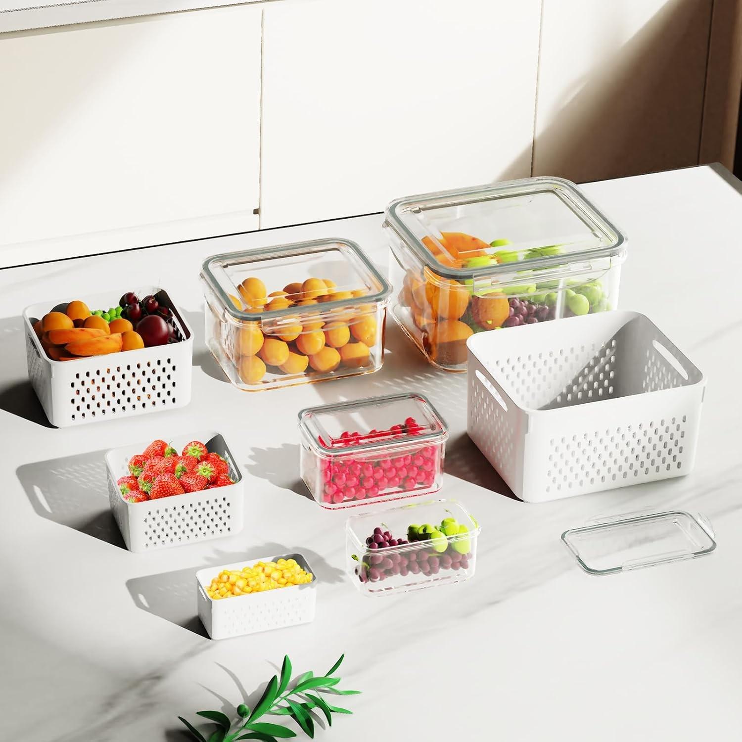 3pcs/5pcs Large Capacity Storage Boxes, Water Drainage/food Preservation Dual-Function Fruit Vegetable Containers, Lid with Handle Refrigerator Box