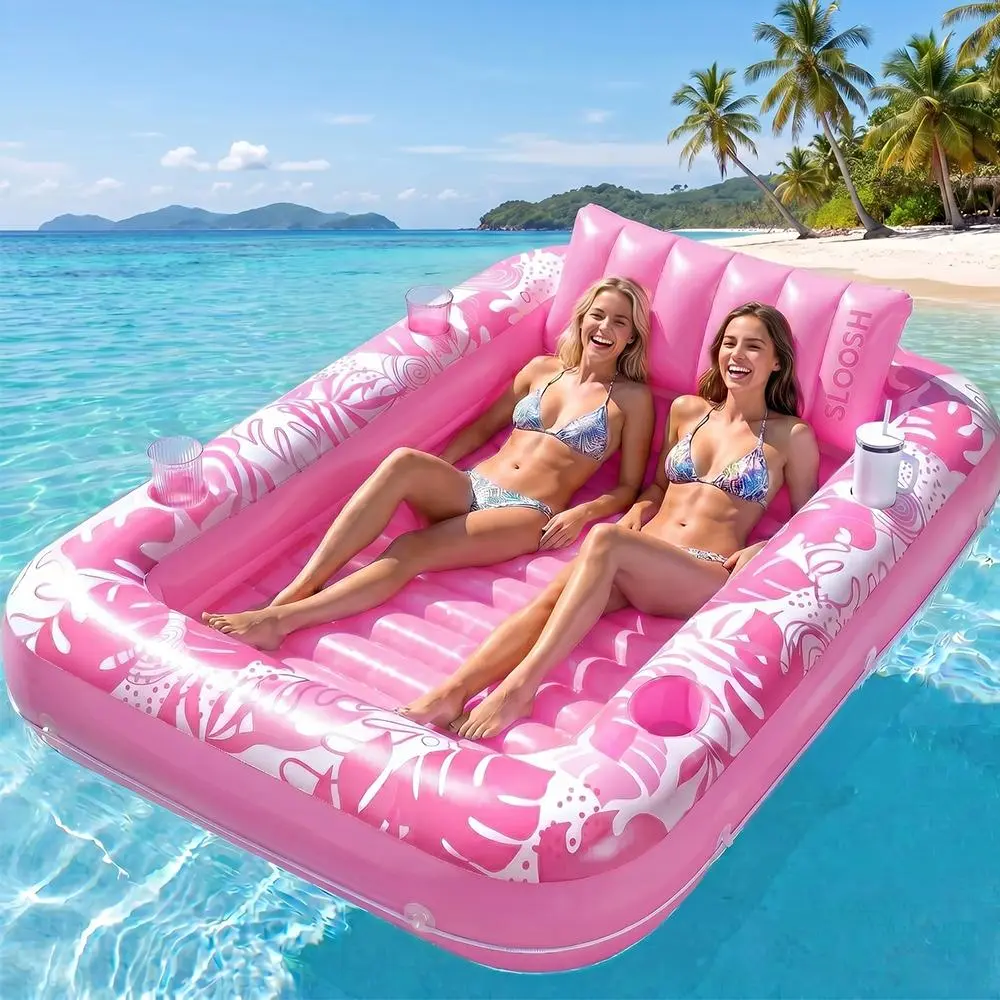 【Fall Deals】4-in-1 Multi Purpose Inflatable Floater Pool Floats Lounger for Adults, Thick PVC Swimming Float, Removable Pillow, 2 Cup Holders, Drain Valve, 250lbs Capacity - Beach Essential