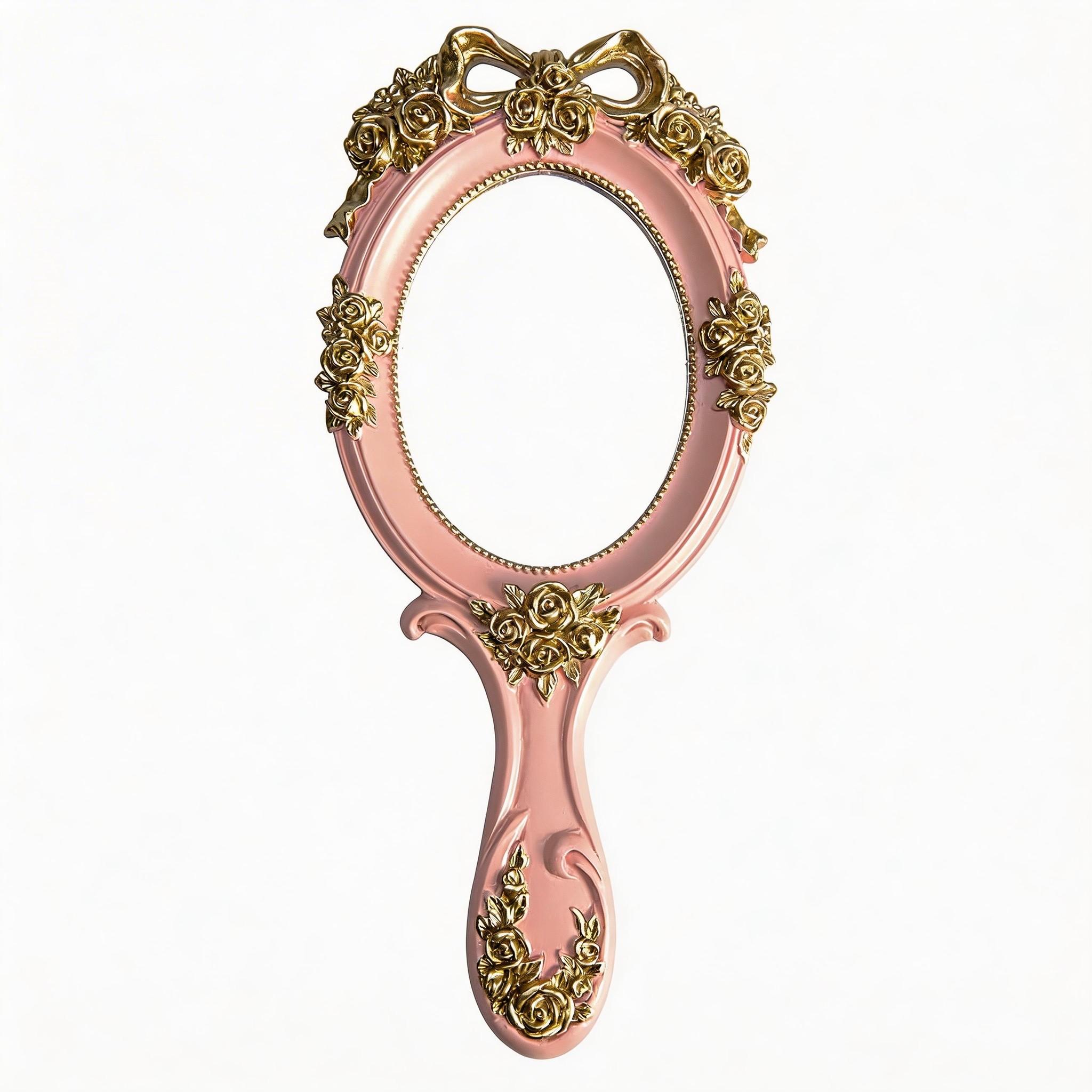 Portable Handheld Makeup Mirror, Travel Princess Style Metal Beauty Mirror, Oval Rose Embossed, Desktop Decor, Vintage Handle, Photo Props, 3-Piece Set