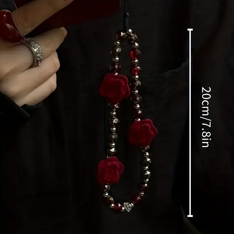 1pc Gothic Red Velvet Rose Bead Phone Pendant - Stylish Acrylic Keychain and Bag Hanging Ornament with Intricate Floral Design, Perfect for Phones and Accessories, Keychain Phone Pendant, Phone Charm, Phone Accessory