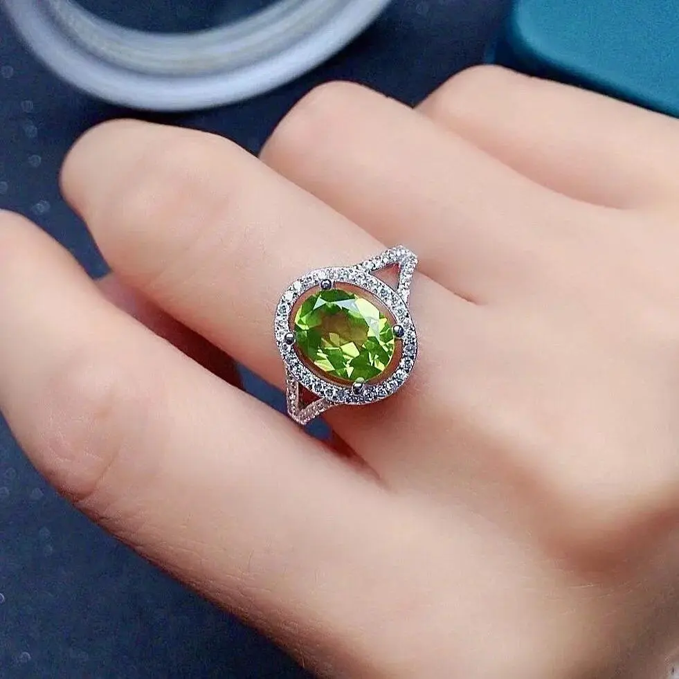 7mm*9mm 2ct VVS Grade Natural Peridot Ring for Party Solid 925 Silver Peridot Silver Ring Brithday Gift for Woman