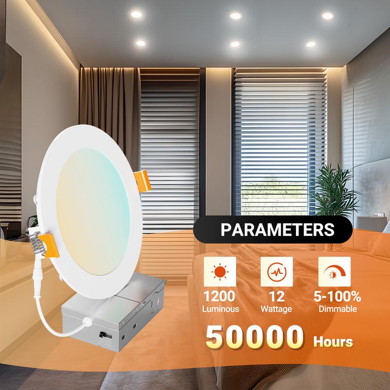 DAYBETTER 6 Inch 5 CCT Led Recessed Ceiling Light With Junction Box, 2700k/ 3000k/ 3500k/ 4000k/ 5000k, 1050lm, 12w Equivalent To 110w, High Brightness Dimmable Pot Light Downlight, Energy Star.
