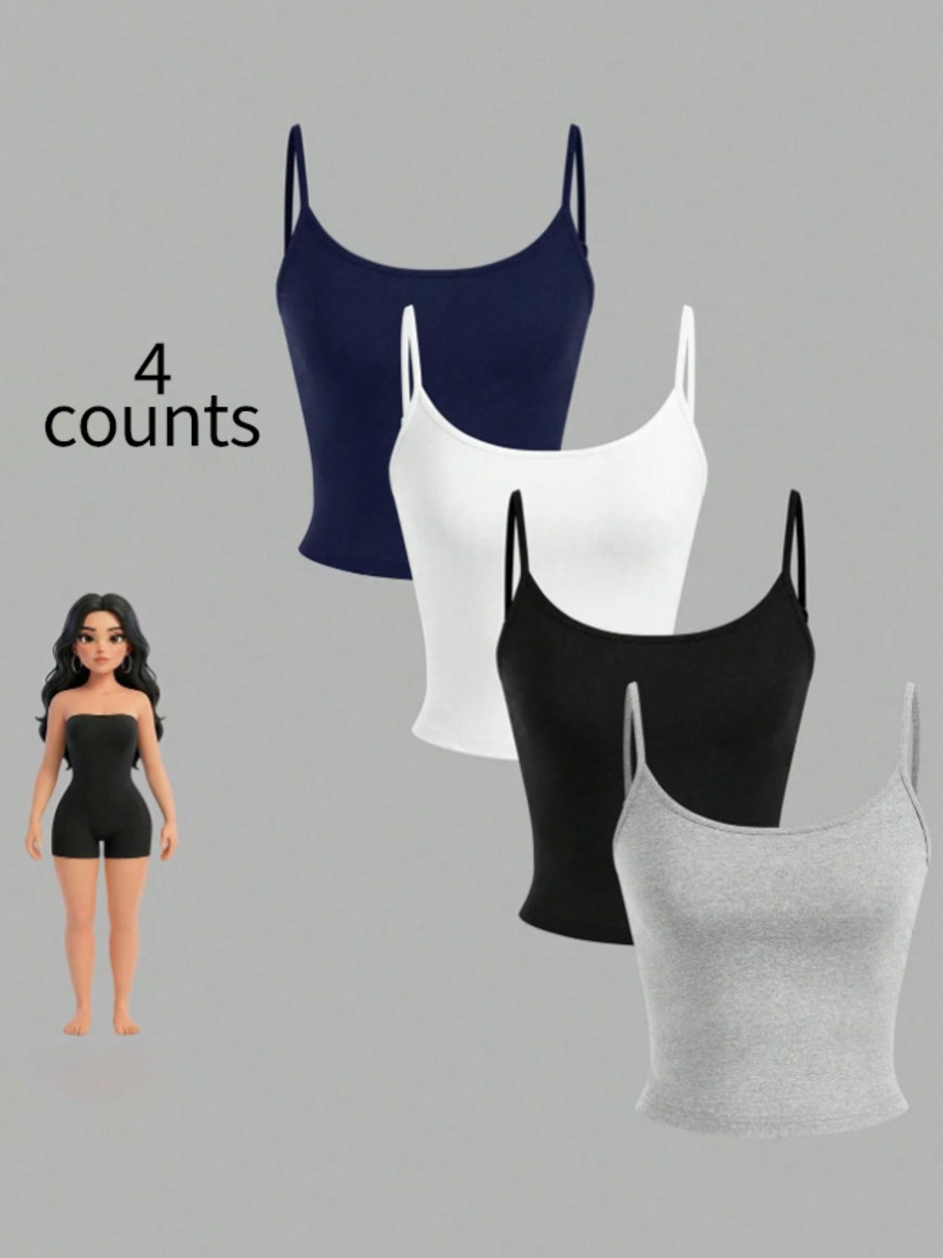 Women's Basic Solid Color Thin Strap Tank Top Set of 4, Slim Fit Short Waist Show off Inner Layer, Y2K Style, Comfortable Knit Fabric