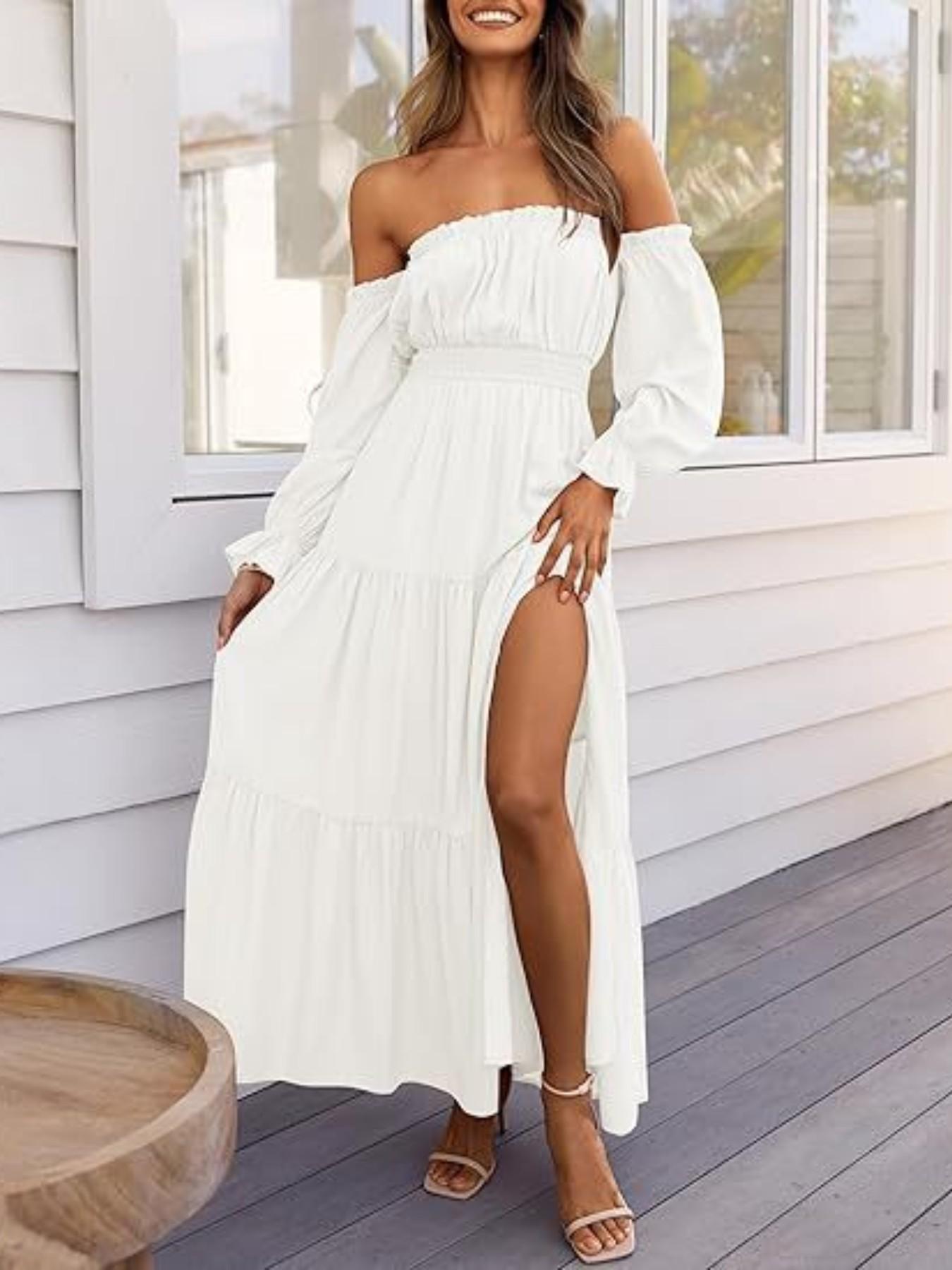 white boho off the shoulder maxi dress 2026 Women's Sexy Long Sleeve Smocked High Waist Side Split Flowy A Line Tiered Long blue patterned smocked midi dress beach holidays Color:Fuchsia and Black Spiderweb Black Western Shirt
