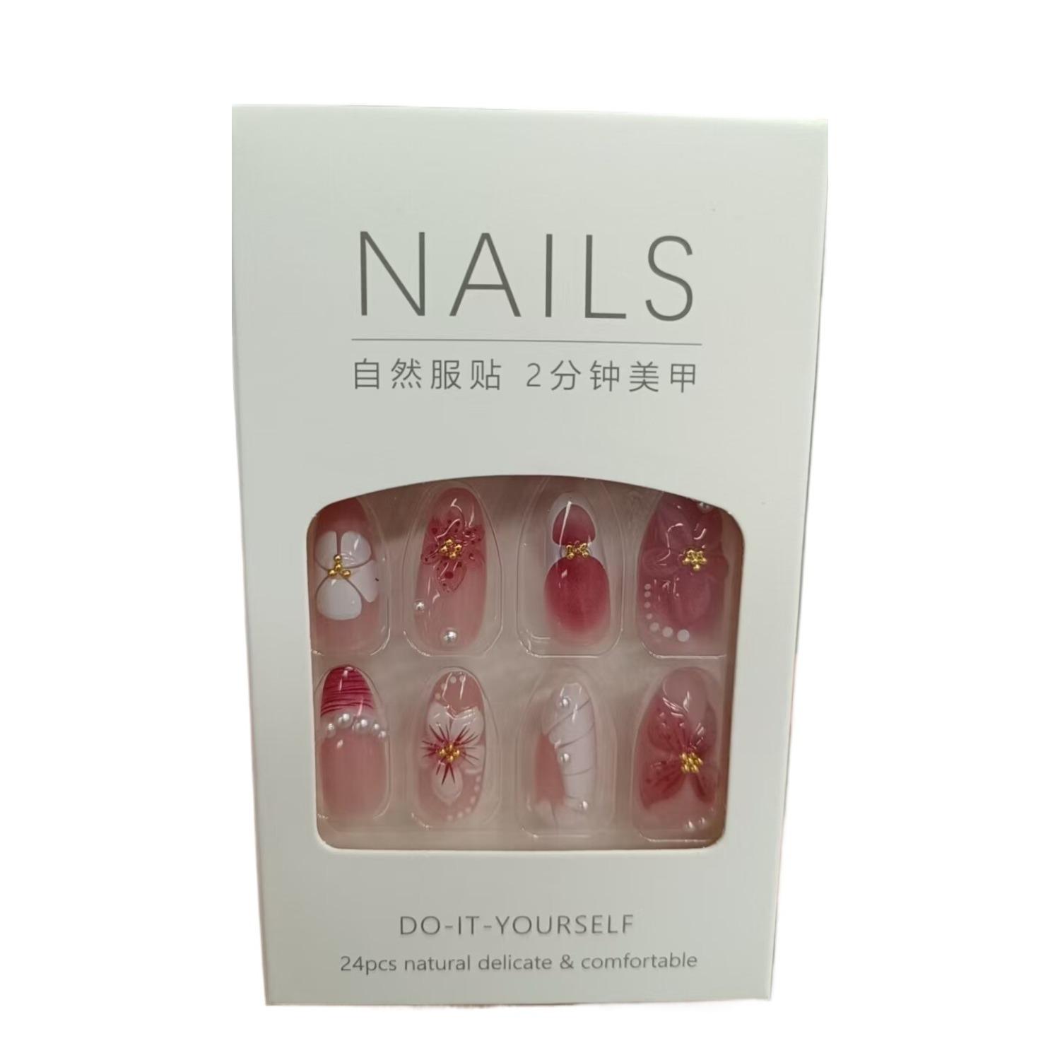 Soft Pink Cherry Blossom Nails - Hand-Carved Floral Press Ons with Pearl Details Flower Nails