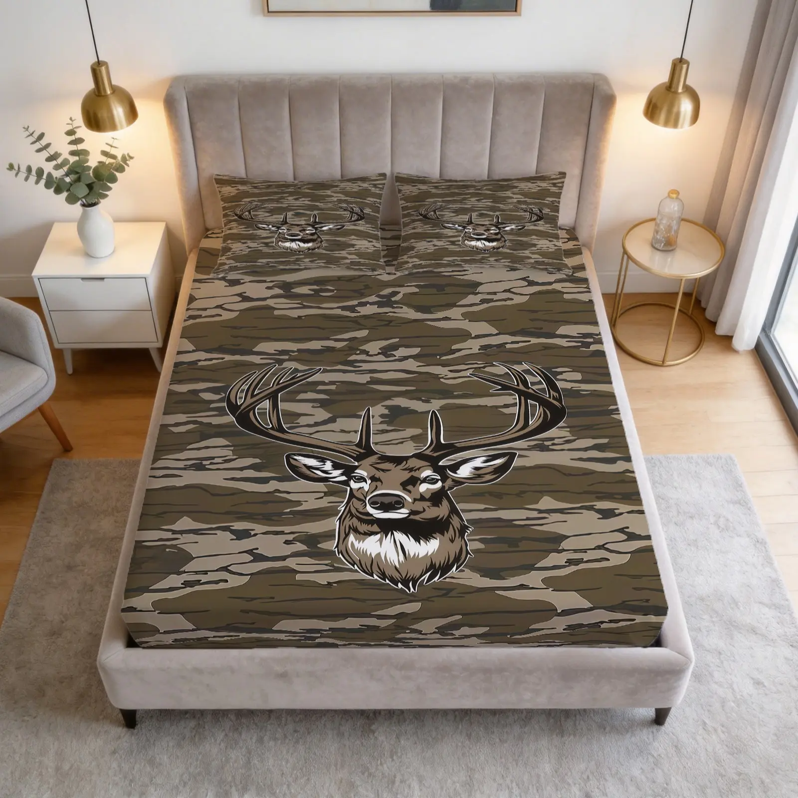 3-Piece Camouflage Deer Pattern Bed Sheet, Including 1 Bed Sheet And 2 Pillowcases, Soft And Comfortable Bedding, Anti Slip And Dustproof Cover, Suitable For Bedrooms And Guest Rooms