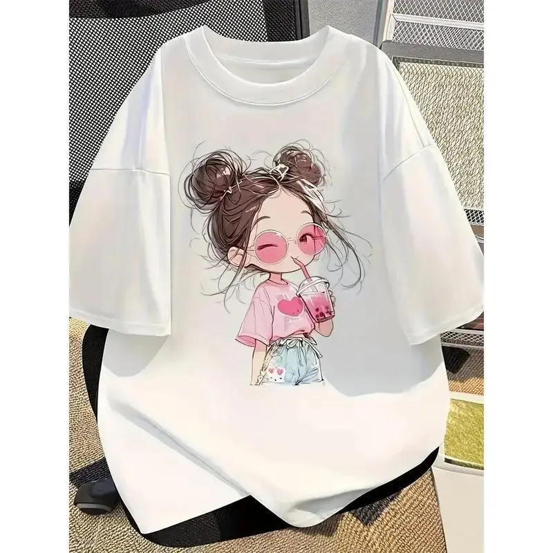 Kawaii Double Bun Girl Drinking Boba Tea Graphic Oversized T-Shirt Women, Cute Pink Sunglasses Cartoon Girl Crewneck Casual Summer Short Sleeve Top