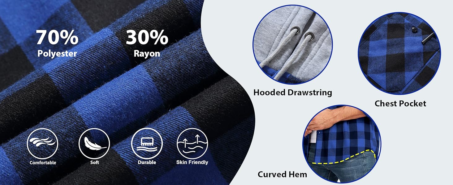 ZITY Men's 3 Pack Flannel Hoodie Shirts Long Sleeve Casual Vintage Button Down Plaid Shirt Jacket with Front Pocket Durable Anti-Pilling Anti-Fading Machine Washable Gift for Dad Classic Soft Stylish Sweatshirts