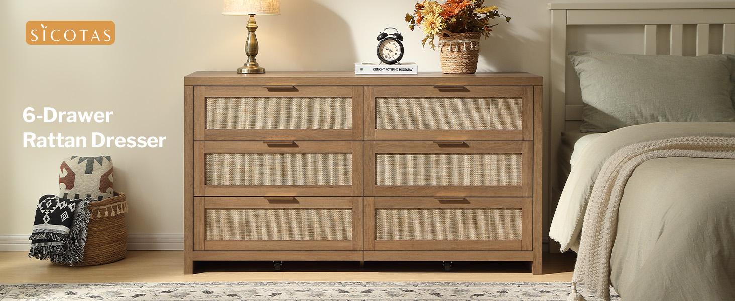 SICOTAS Rattan Dresser for Bedroom, 17.7" x 56.9" x 31.3" Size 6 Drawer Dresser with Ample Storage,Unique Engineered Wood Dressers Large Chest of Drawers for Nursery, Closet, Boho TV Stand for Bedroom, Sturdy and Durable, Easy Installation