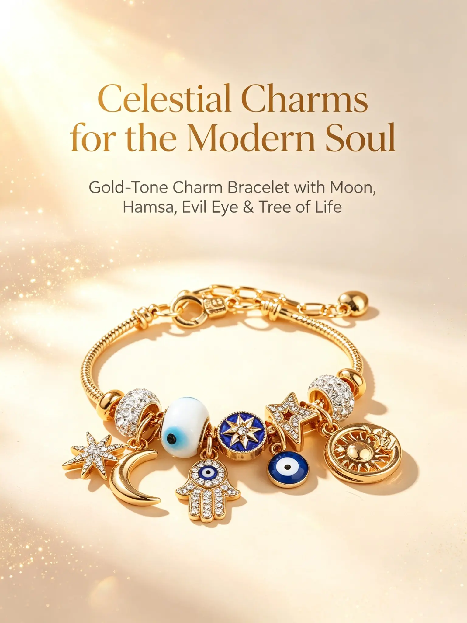 Celestial Charm Bracelet for Women |   Moon, Hamsa Hand, Evil Eye & Tree of Life Charms |   Gold Adjustable Chain |   Fashion Jewelry Gift
