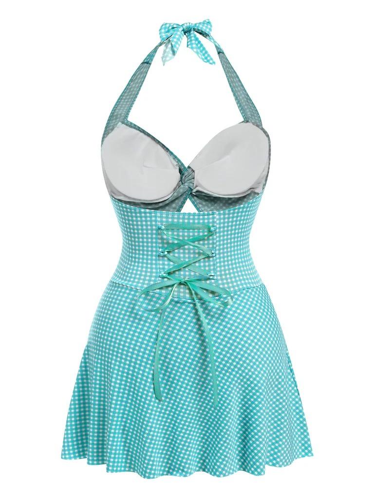 Blue Green 1930s Plaid Halter One-Piece Swimsuit Retro Halter One Piece Swim Dress for Women Gingham Print Push Up Swimsuit with Tie Back and Skirted Bottom Trendy Summer Outfit for Vacation Look and Try On Haul Retro Stage Flowy Swimdress