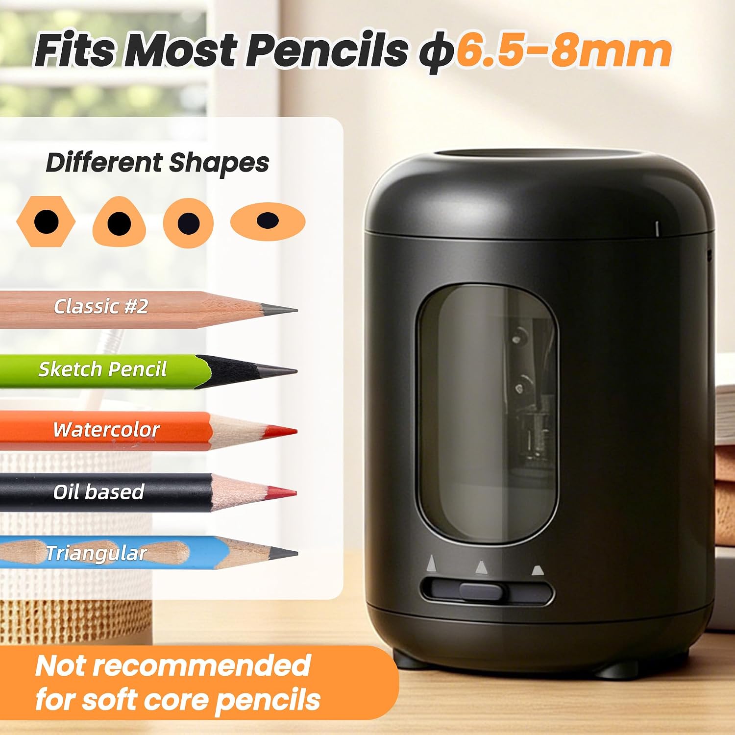 Electric Pencil Sharpener,3 Sharpness Modes, Operated for No.2/Colored Pencils(6.5-8mm),Portable Pencil Sharpener for Classroom/School//Office, Black
