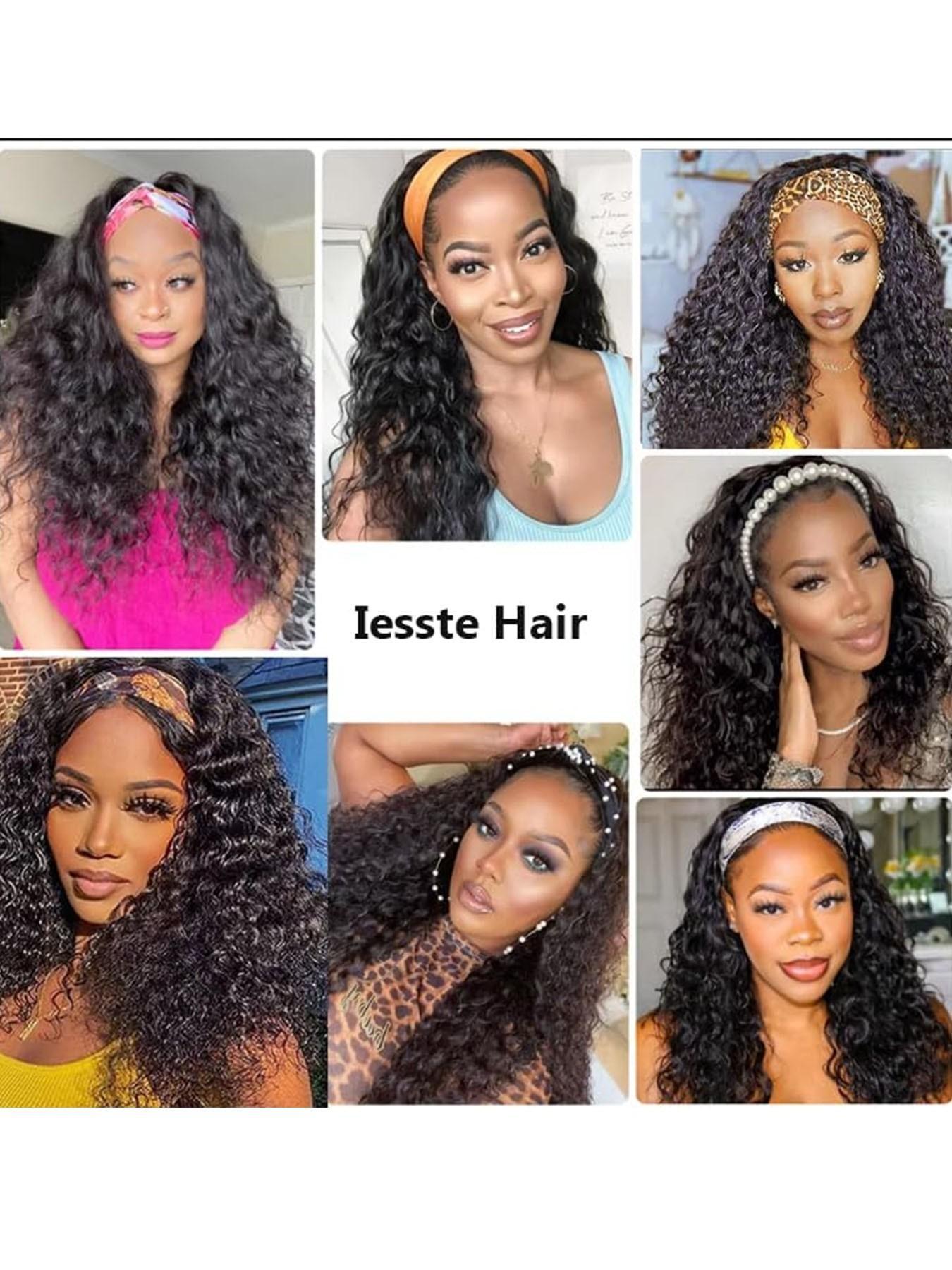 Headband Wig Synthetic Hair Deep Wave, Deep Wavy Hair, 24 Inch Glueless Brazilian Virgin Hair, No Lace Front, Machine Made, for Women