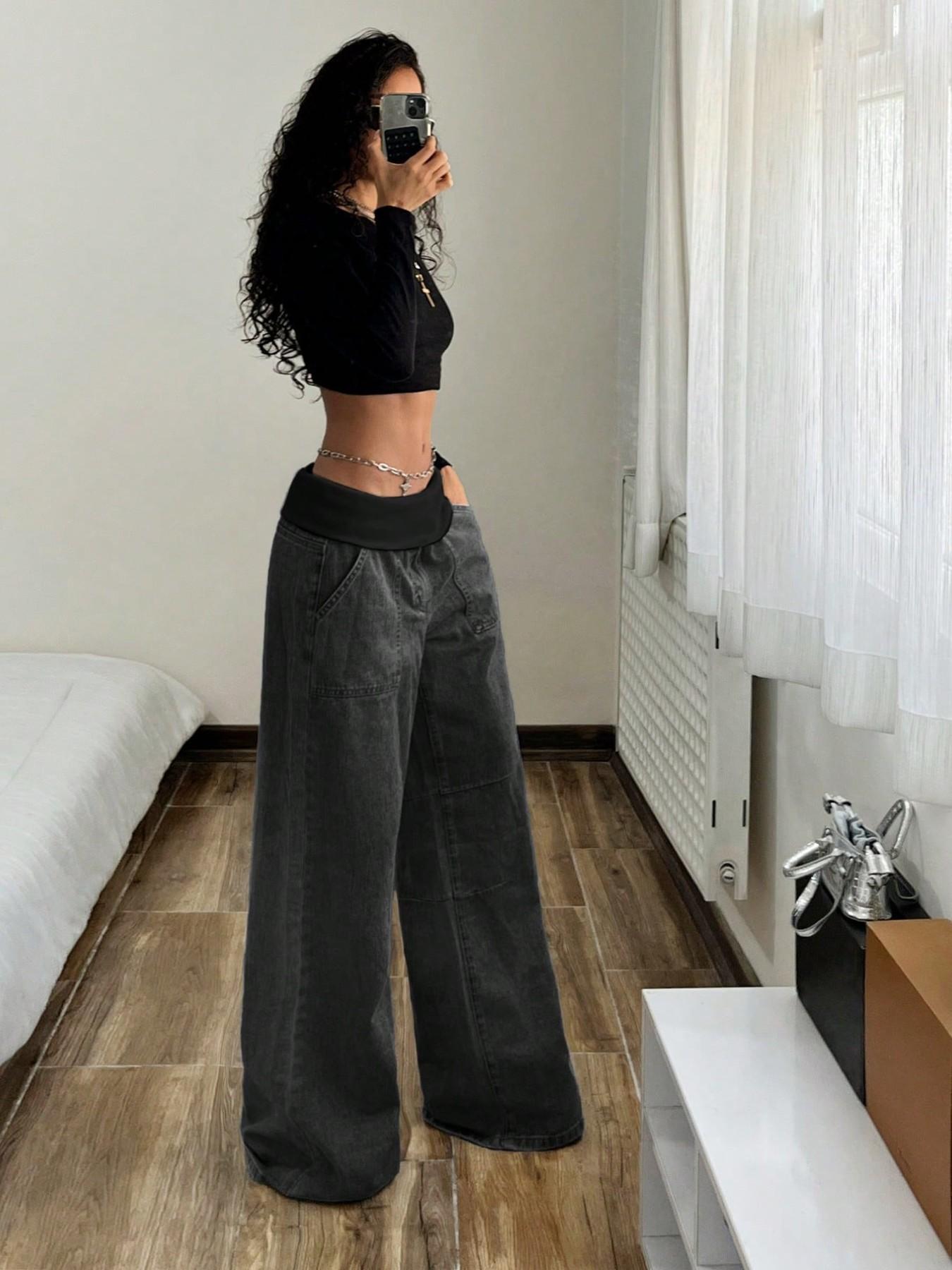Women's Elastic Waist Oversize Loose Jeans, Four-Season Street Style Wide Leg Pants with Pockets, Casual Y2K Fashion for Outdoor Wear Bottoms, Streetwear