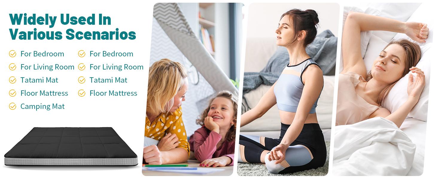 Lilypelle Japanese Floor Mattress Futon Mattress, Thicken Roll up Sleeping Mattress Tatami Mat Floor Bed, Foldable & Portable Camping Mattress with Storage Bag, Twin Full Queen