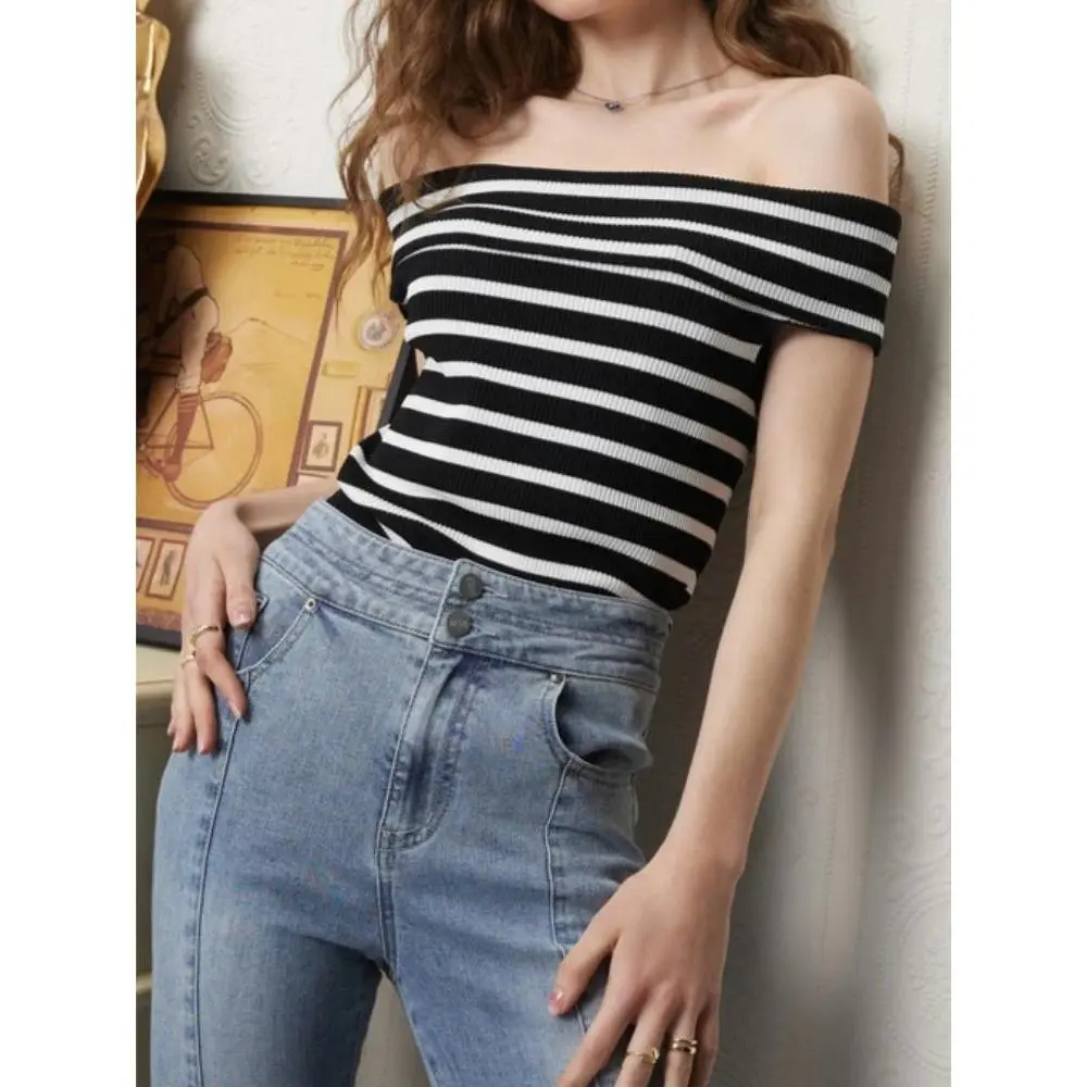 Stripe Off-the-shoulder Top Rib Knit Bardot Tops Short Sleeve Foldover Upper Fitted Crop Top Tee T-shirts Women Summer Chic