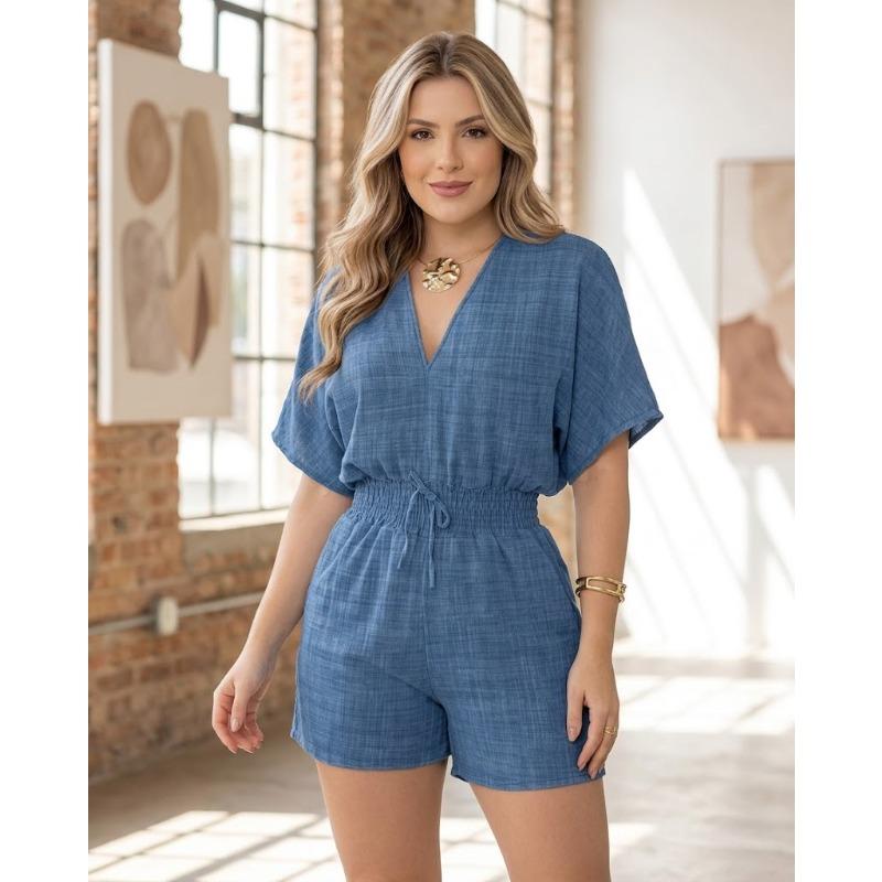 Summer Short Sleeve Romper Jumpsuit For Women Batwing Sleeve V-Neck Overalls Womenswear