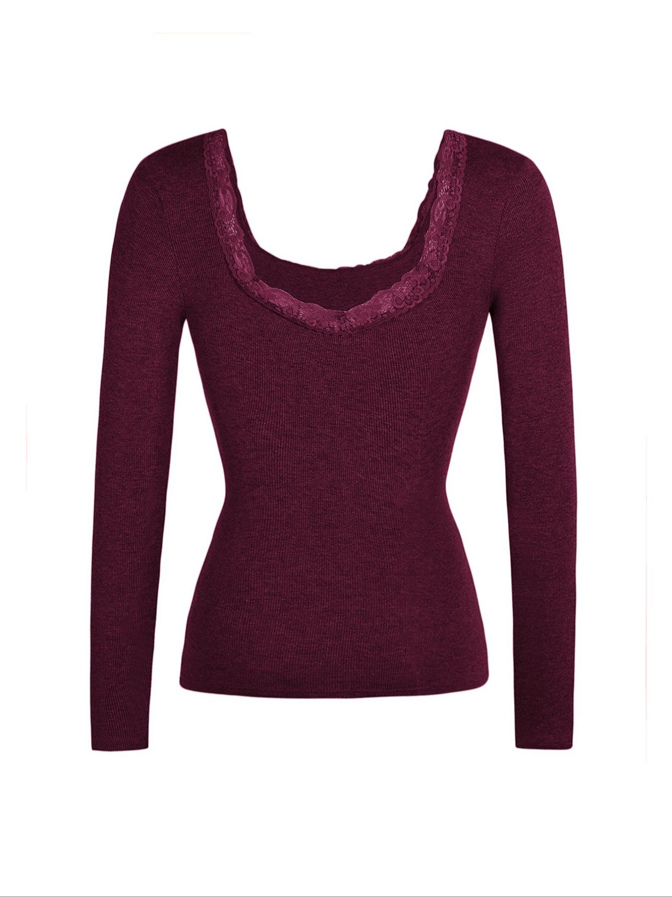 Pure Color Lace Patchwork U-Neck Long Sleeves Slim Fit Casual T-Shirt, Stylish Women's Top for Everyday Wear, Comfortable and Trendy Design