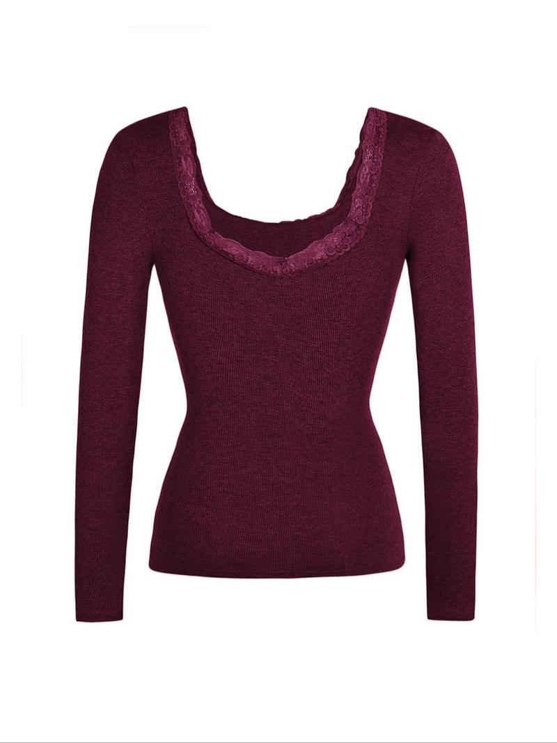 Pure Color Lace Patchwork U-Neck Slim Fit Casual T-Shirt, Stylish Women's Top for Everyday Wear, Comfortable and Trendy Design